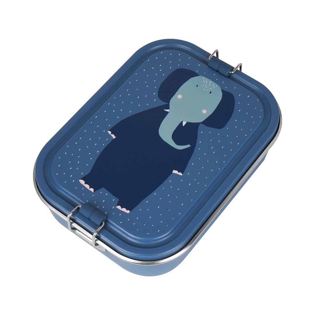 2. Trixie Baby Mrs. Elephant lunch box in blue with elephant design on lid, studio shot