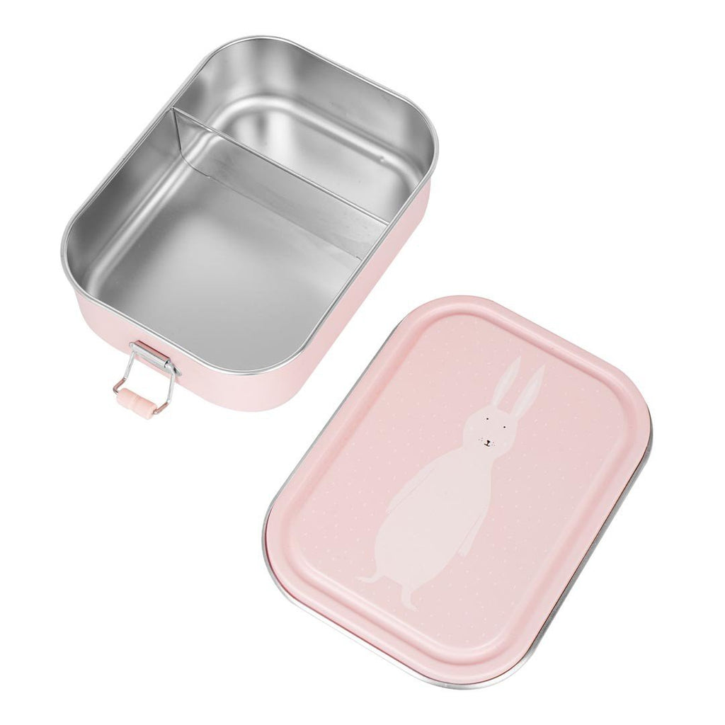 6. Open pink lunch box with Mrs. Rabbit illustration, showing stainless steel interior and divider, studio shot