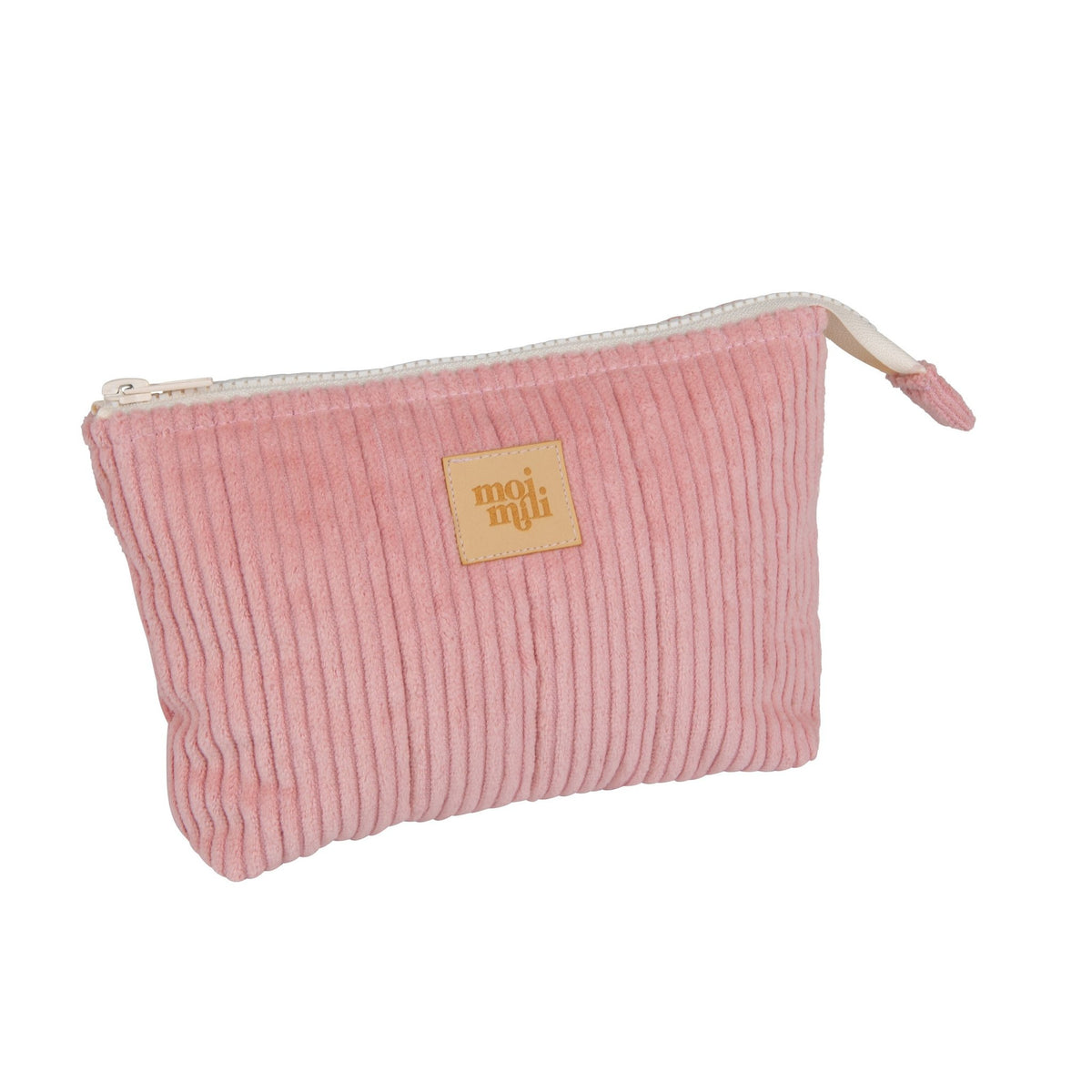 2. Small baby pink makeup pouch with zipper and Moi Mili logo on white background