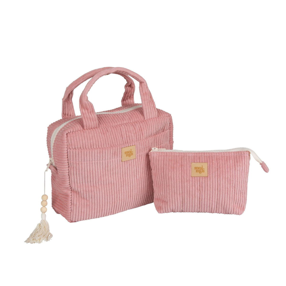 1. Set of two baby pink makeup bags with handles and zipper, featuring Moi Mili logo, on white background
