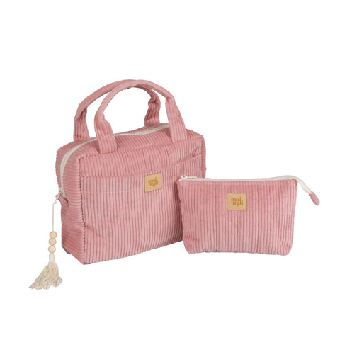 1. Set of two baby pink makeup bags with handles and zipper, featuring Moi Mili logo, on white background