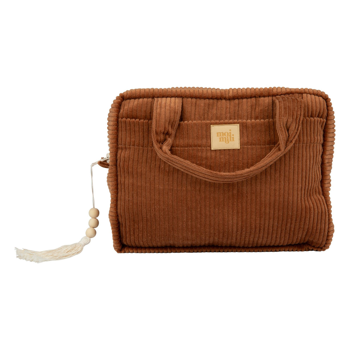 8. Front view of large caramel makeup bag with handles and tassel, on white background