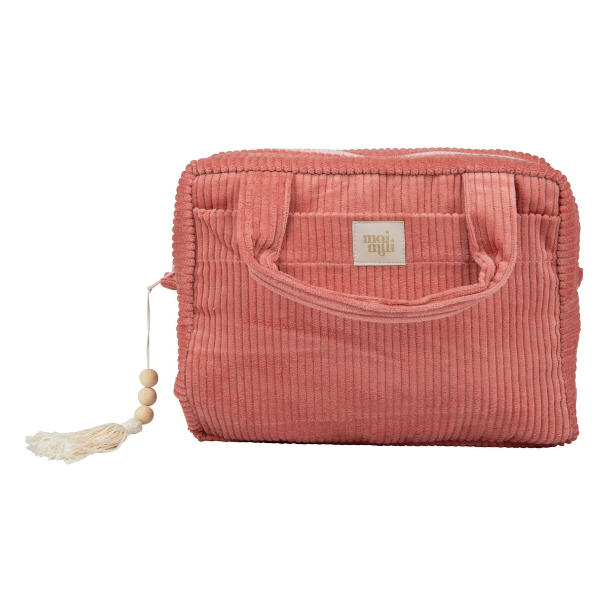 1. Coral corduroy makeup bag with tassel and Moi Mili logo on front, shown in studio setting