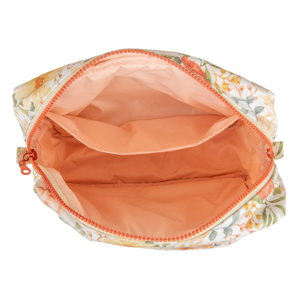 4. Interior view of Moi Mili large makeup bag with peach waterproof lining and pockets
