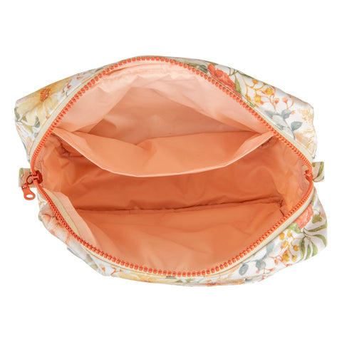 4. Interior view of Moi Mili large makeup bag with peach waterproof lining and pockets