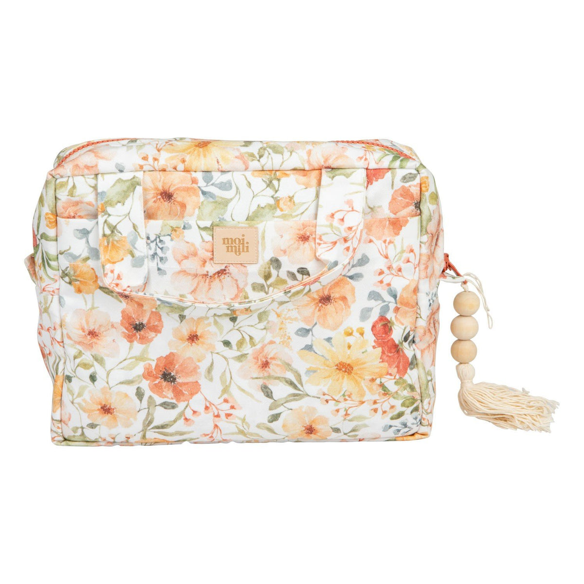 1. Studio shot of Moi Mili large makeup bag with floral print and tassel detail on white background