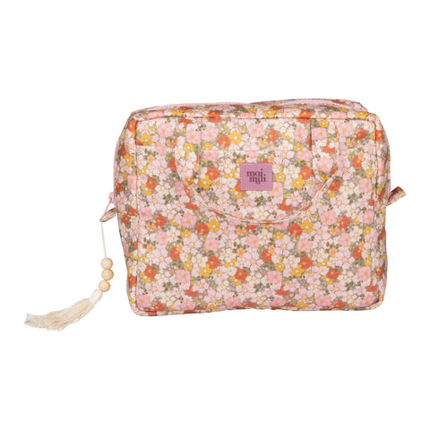 2. Large floral print makeup bag with pink and orange flowers, featuring moi mili logo, on white background