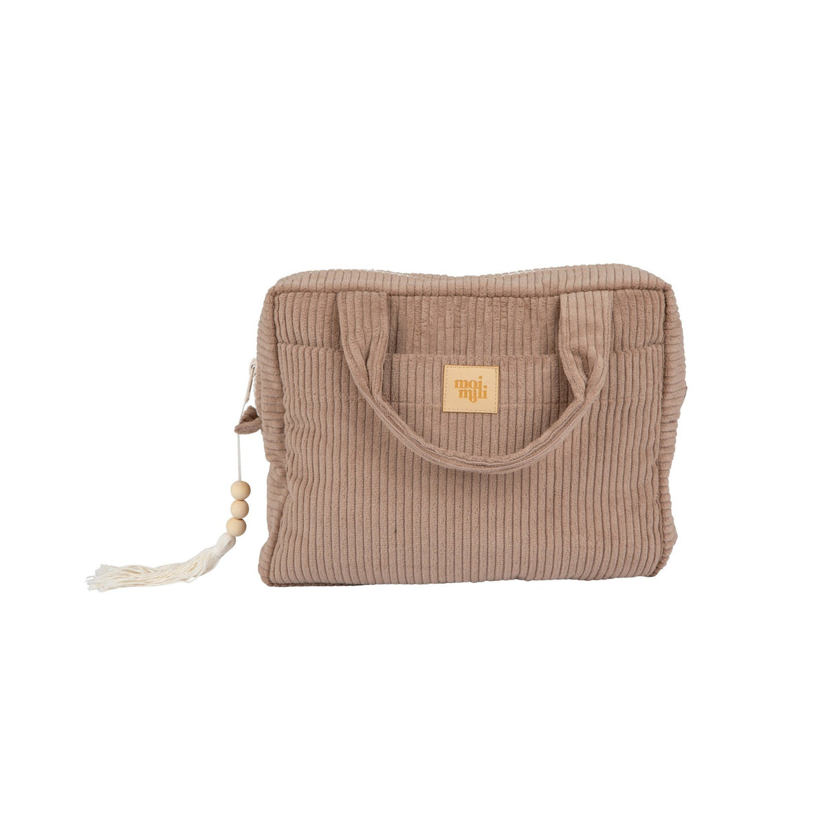 1. Latte-colored large makeup bag with ribbed texture and tassel detail, featuring Moi Mili logo, shown on white background