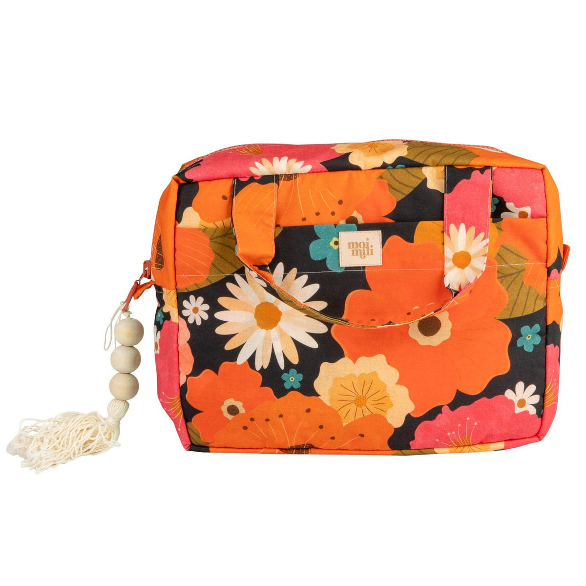 2. Studio shot of large floral print makeup bag with tassel detail