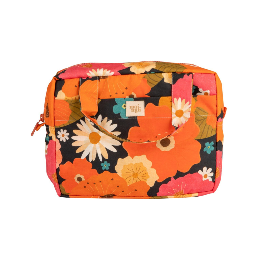 2. Orange floral makeup bag with daisies and leaves on white background