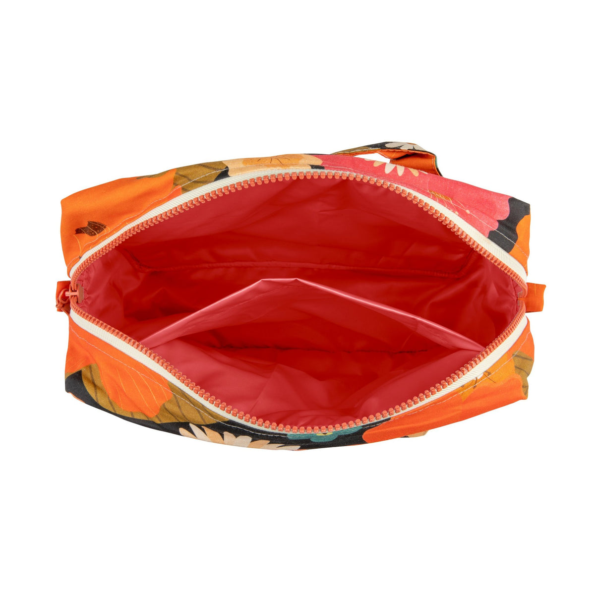 3. Interior view of orange floral makeup bag showing spacious red waterproof lining