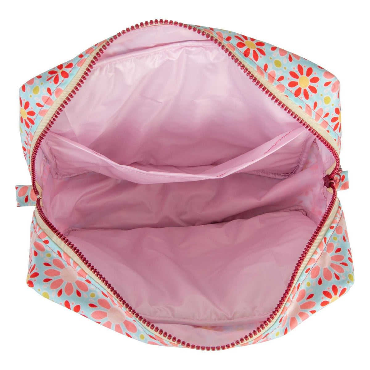 4. Interior view of Moi Mili large makeup bag with pink waterproof lining and pockets