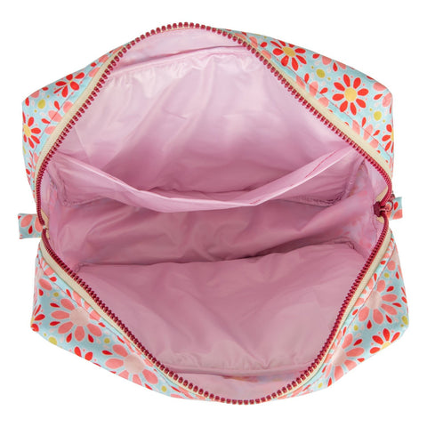 4. Interior view of Moi Mili large makeup bag with pink waterproof lining and pockets