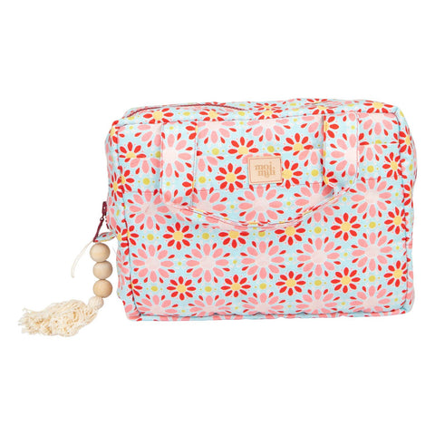 2. Large makeup bag with red floral print, handles, and tassel detail on white background