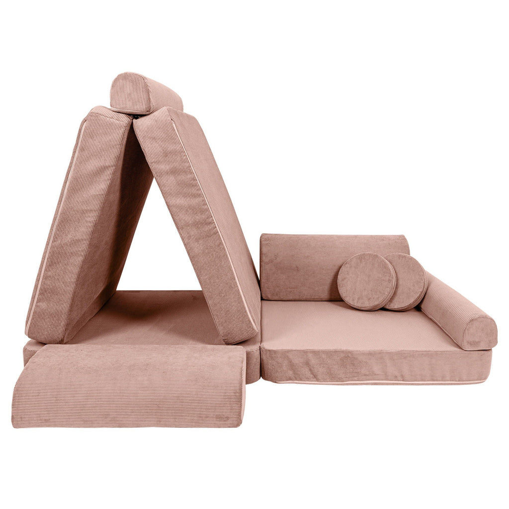 3. Pink modular sofa for kids in slimcord corduroy arranged as a creative structure with cushions