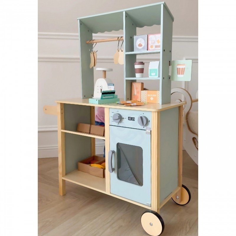 21. Back view of Woopie Green wooden food truck stand showing oven and shelves