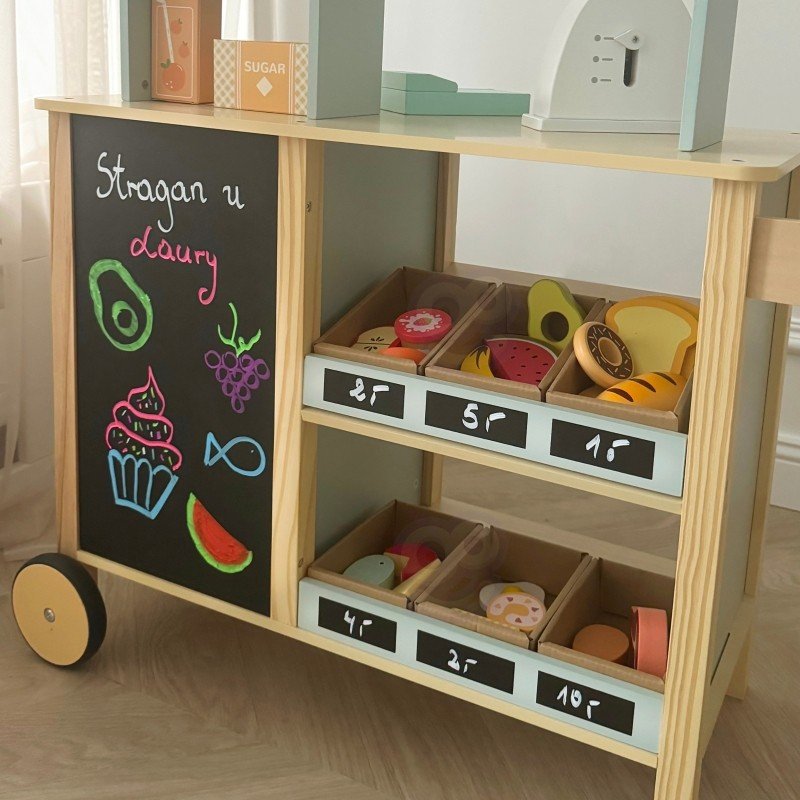 9. Chalkboard and storage bins on Woopie Green wooden food truck stand