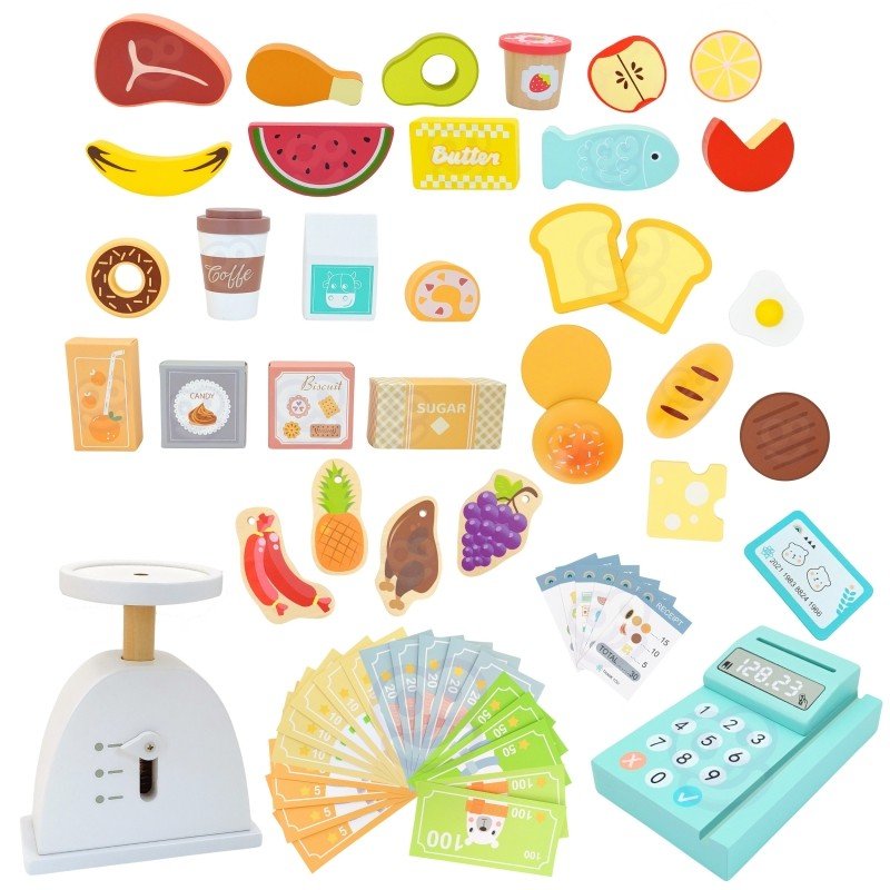 12. Assorted play food items and accessories included in Woopie Green wooden food truck