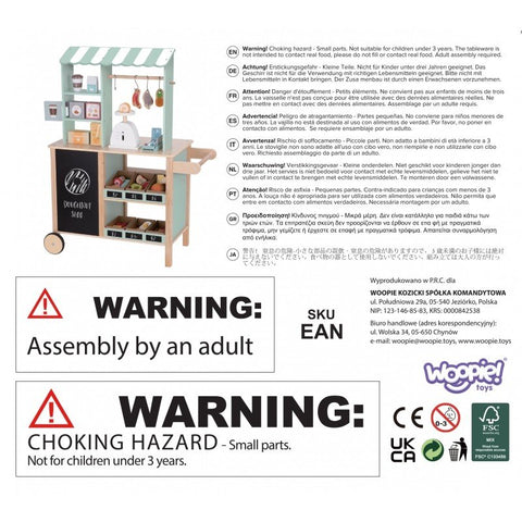 3. Packaging details and warnings for Woopie Green wooden food truck stand