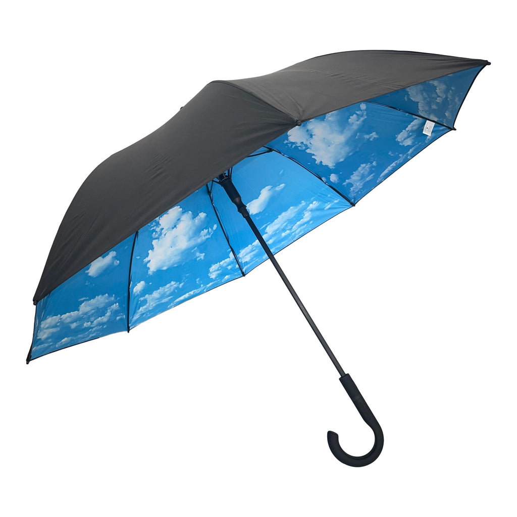 1. Large black umbrella with Sky Lake design featuring blue sky and clouds, windproof and UPF50+ protection, shown open with curved handle