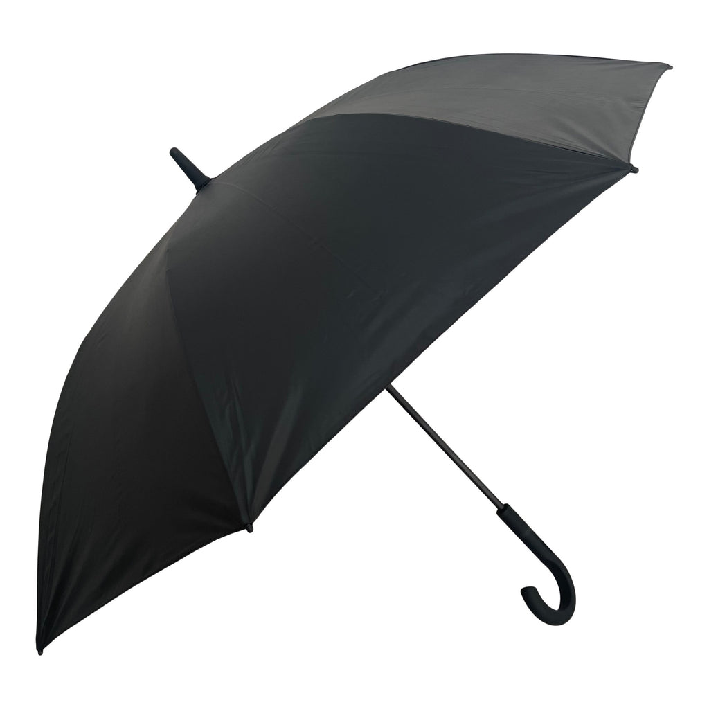 2. Large black umbrella with curved handle shown open in studio setting, highlighting windproof design