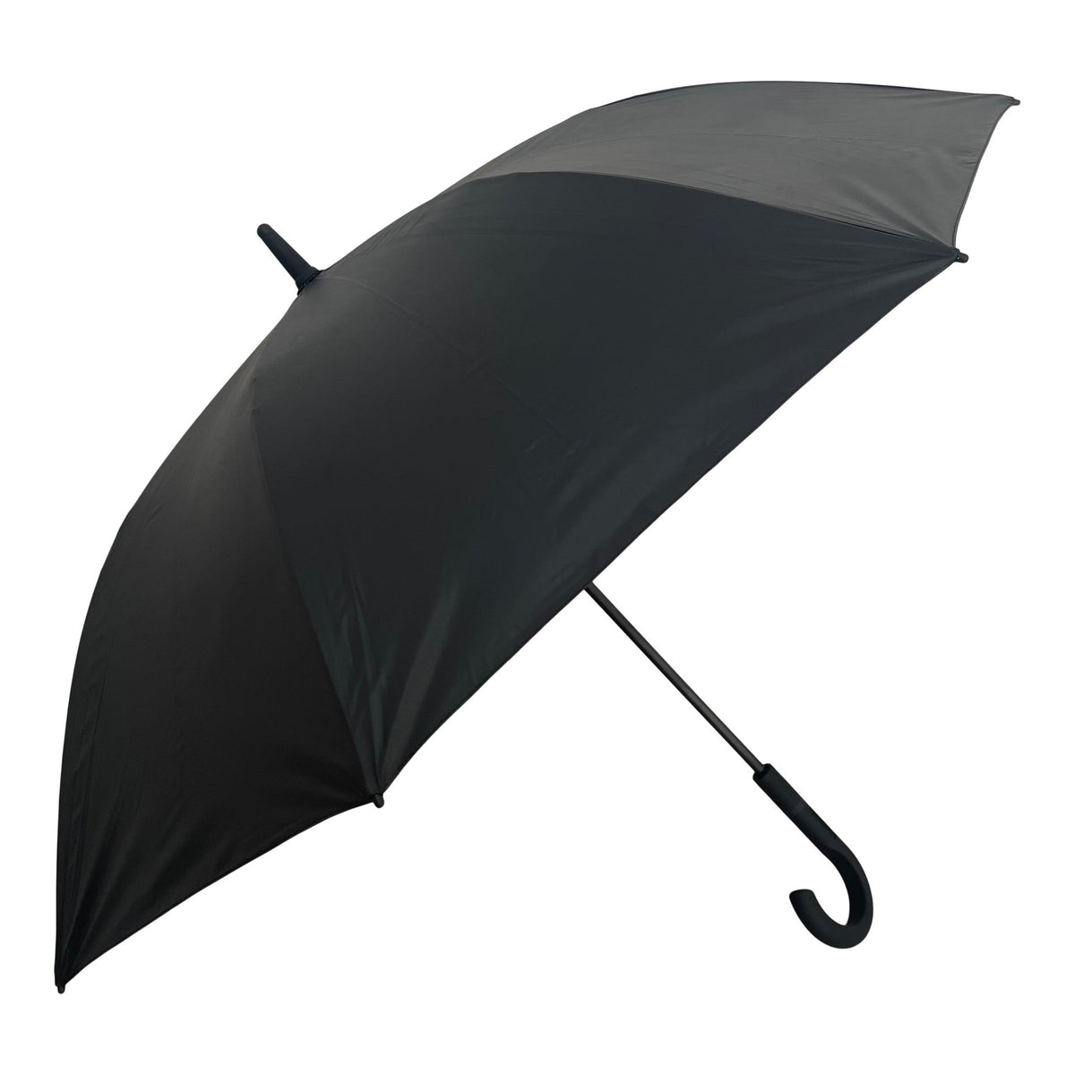 2. Large black umbrella with curved handle shown open in studio setting, highlighting windproof design