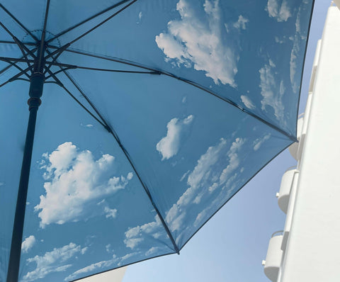 3. Close-up of Sky Lake umbrella interior showing blue sky and cloud pattern, highlighting design details