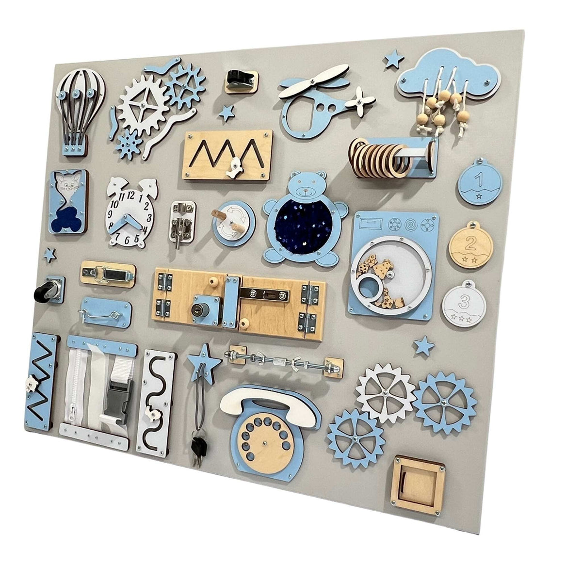 3. Large wall busy board with blue and white elements including gears, locks, and a telephone on a grey background