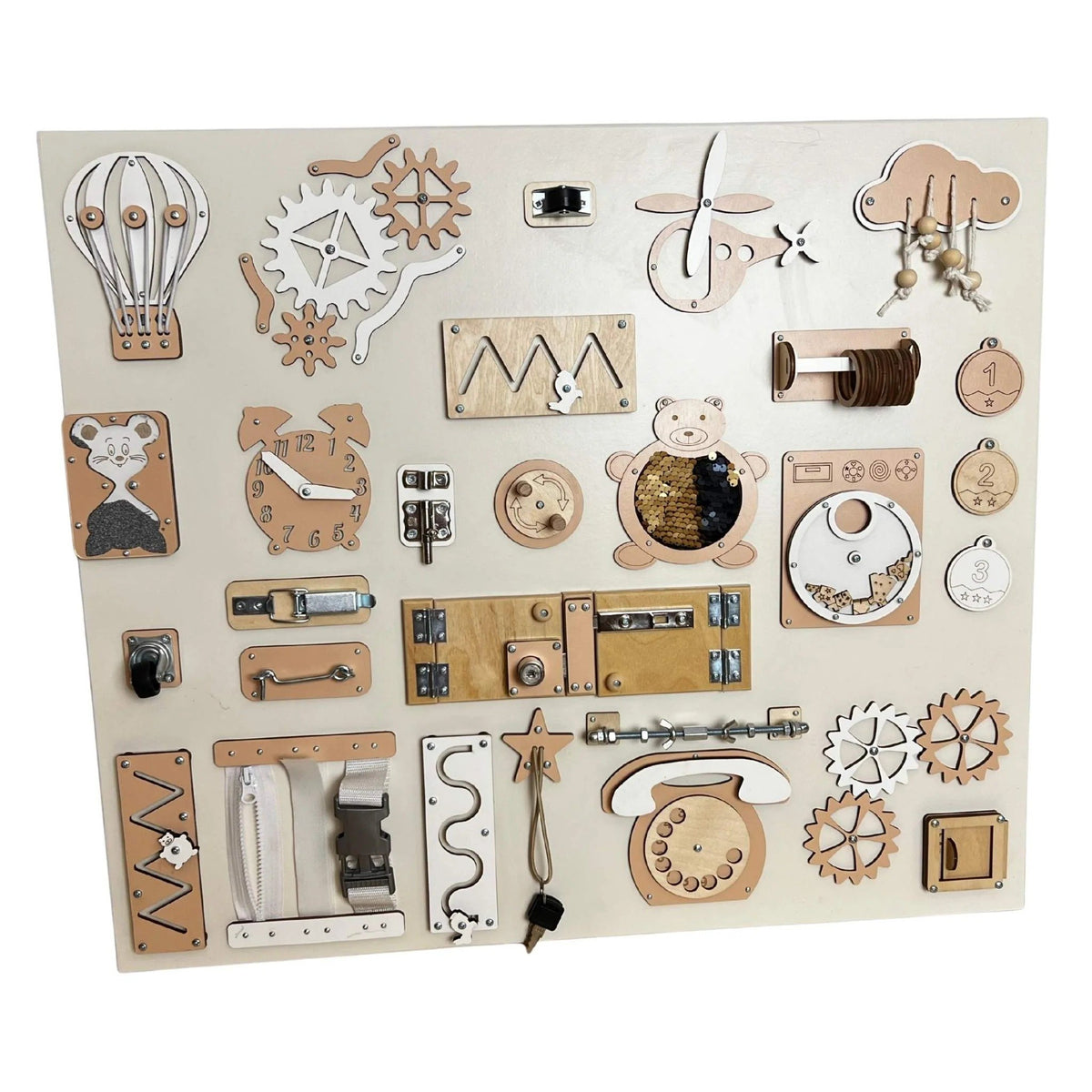 2. Large wall busy board featuring beige and white elements like gears, locks, and a telephone on a cream background