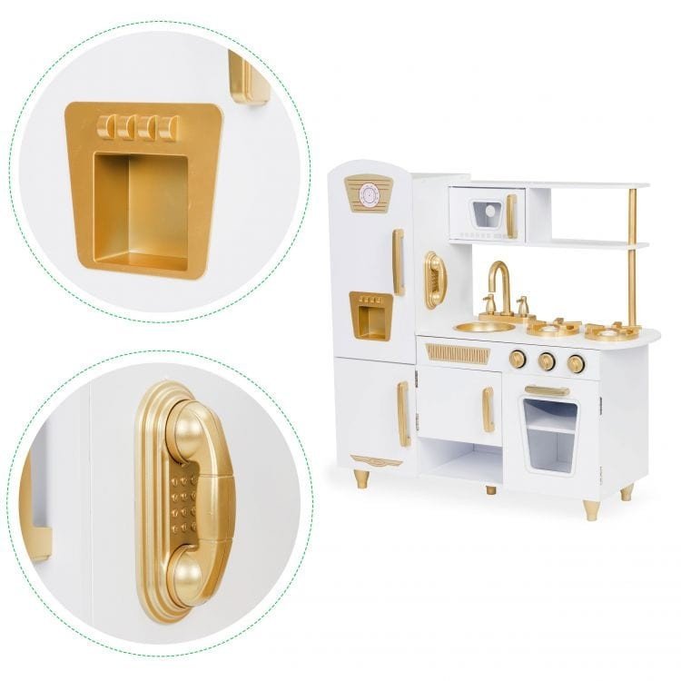 4. Detail of gold handle and ice dispenser on Angelove white wooden play kitchen