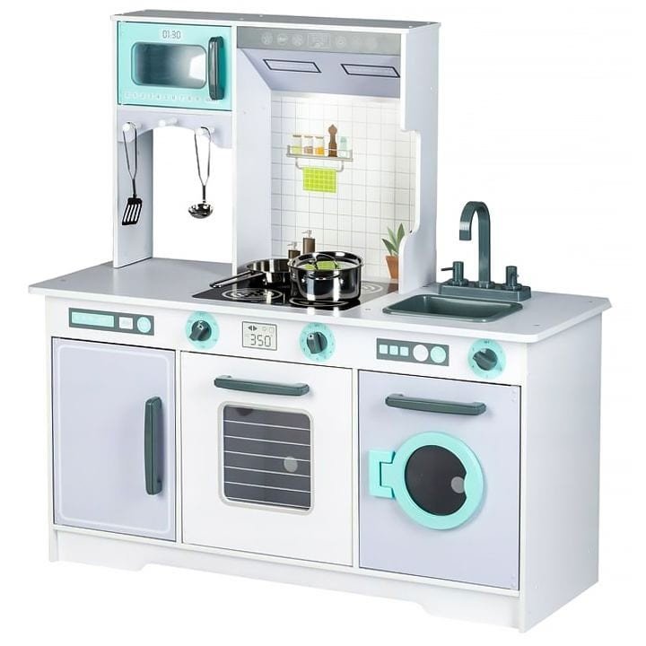2. Angelove large wooden play kitchen in studio setting, featuring oven, microwave, and washing machine with accessories