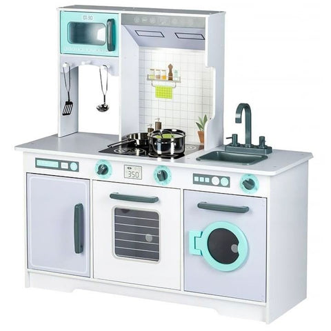 2. Angelove large wooden play kitchen in studio setting, featuring oven, microwave, and washing machine with accessories