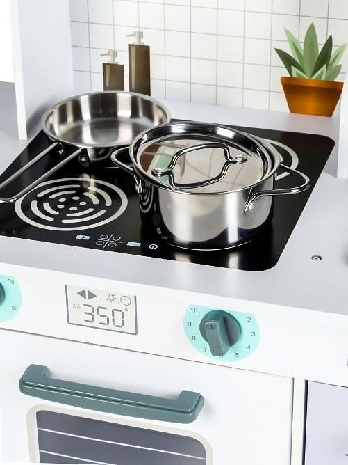 3. Close-up of Angelove play kitchen stove with pot and pan, highlighting cooking area and accessories