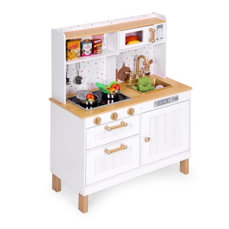 6. White play kitchen with decorative items, featuring a sink, stove, and hanging utensils, set against a white background.