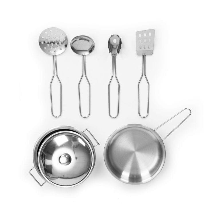 8. Set of metal play kitchen utensils including pots and spatulas, set against a white background.