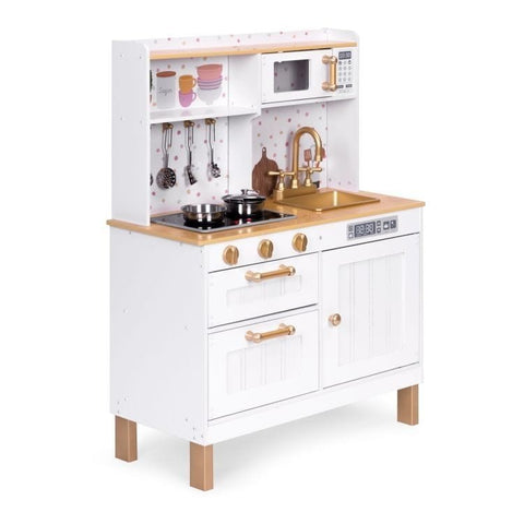 1. White wooden play kitchen with gold accents, featuring a sink, stove, and hanging utensils, set against a white background.