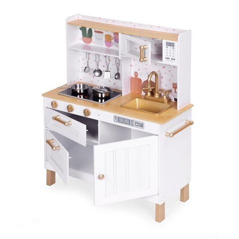 5. White play kitchen with open cabinets, featuring a sink, stove, and hanging utensils, set against a white background.