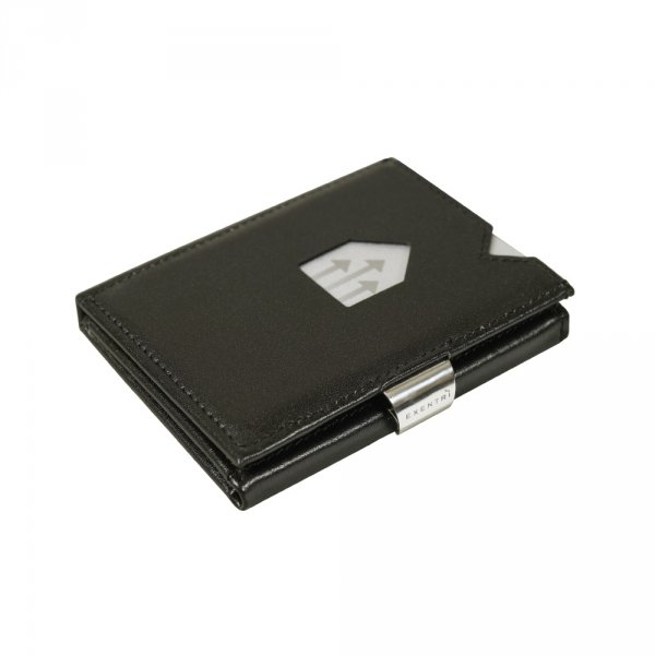 7. Black EXENTRI leather wallet with stainless steel clasp on white background
