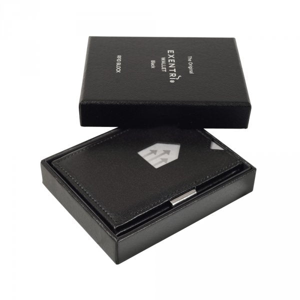 15. Black EXENTRI wallet in open gift box with brand logo on lid