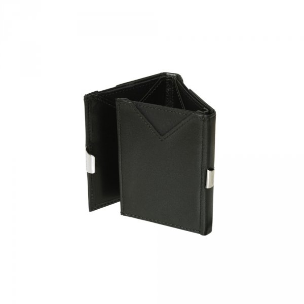 5. Black EXENTRI wallet partially open showing triangular card slot design