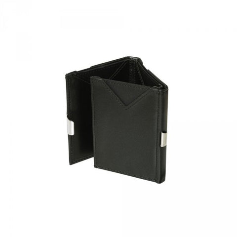 5. Black EXENTRI wallet partially open showing triangular card slot design