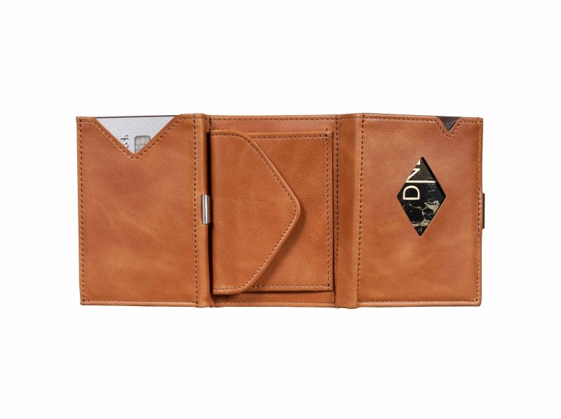 2. Open brown leather EXENTRI Multiwallet showing card slots and stainless steel lock