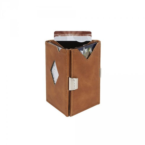 3. Brown leather EXENTRI Multiwallet standing upright with visible card slots and stainless steel lock