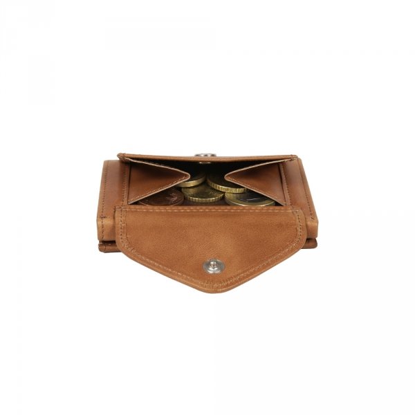 15. Brown leather EXENTRI Multiwallet with open coin pocket showing coins inside