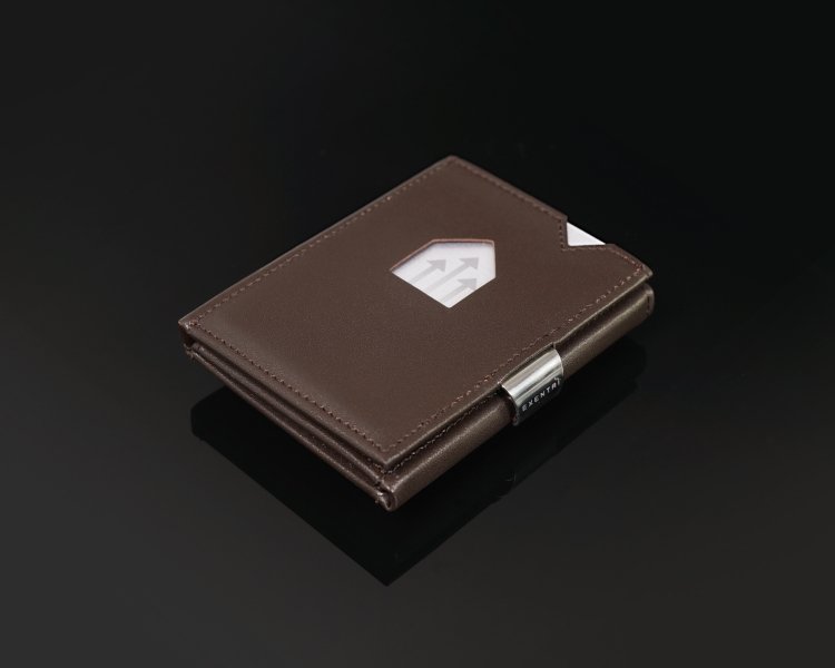8. Brown EXENTRI leather wallet with stainless steel clasp on black background
