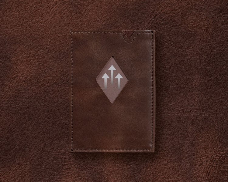 4. Brown EXENTRI Miniwallet on leather background highlighting RFID blocking feature
