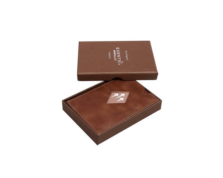 9. Brown EXENTRI Miniwallet in a matching gift box with brand logo