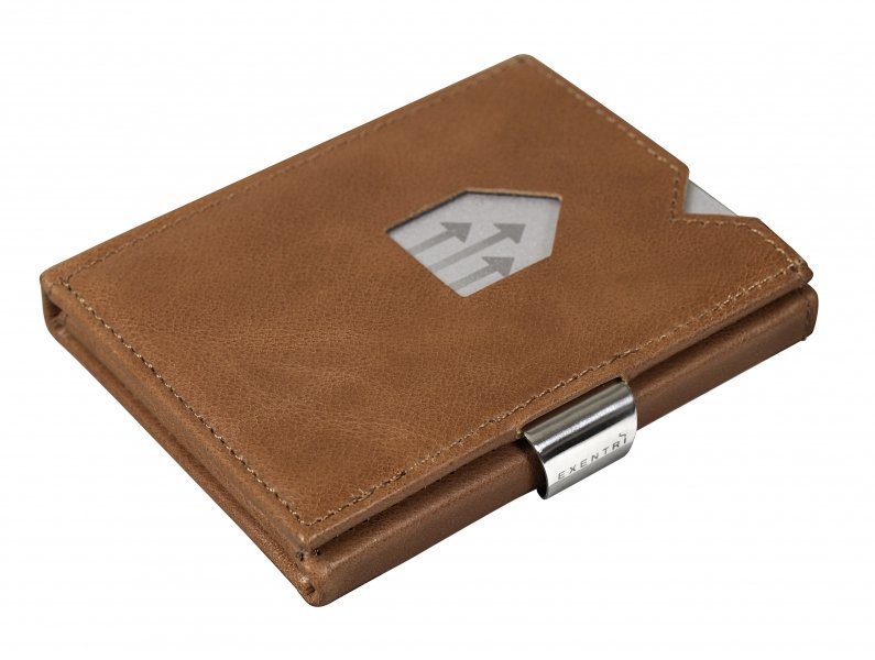9. Tan EXENTRI leather wallet with stainless steel clasp on white background
