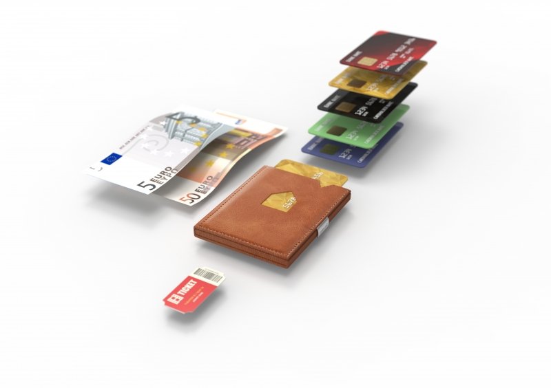 10. Tan EXENTRI wallet with cards and cash fanned out, showcasing storage capacity