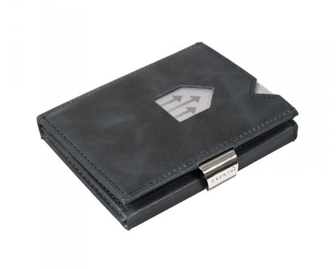 2. Blue EXENTRI leather wallet with stainless steel clasp on white background
